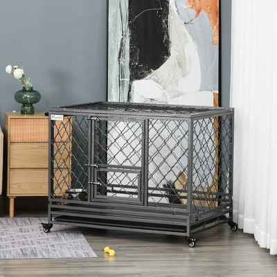 Heavy Duty Black Rolling Steel Dog Crate with Tray
