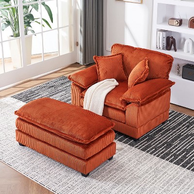 KTMBDW Sofa Chair with Movable Ottoman - Corduroy Cloud Couch Chair Soft Comfy Modern Sofa Chaise Single Sleeper Chair Bed for Living Room