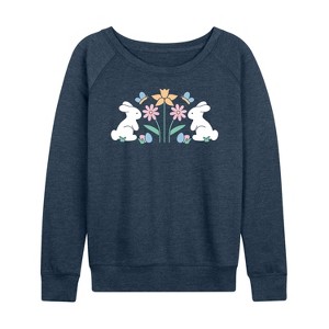 Women's - Instant Message - Stencil Bunnies With Flowers Lightweight French Terry Wide Neck Long Sleeve Shirt - 1 of 4