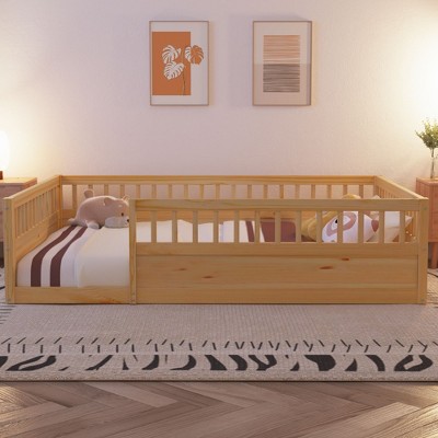 Nicbex Twin/Full Size Floor Bed for Kids,Montessori Bed Frame with High Fence,Sturdy Wood Playhouse Montessori Bed for Girls/Boys