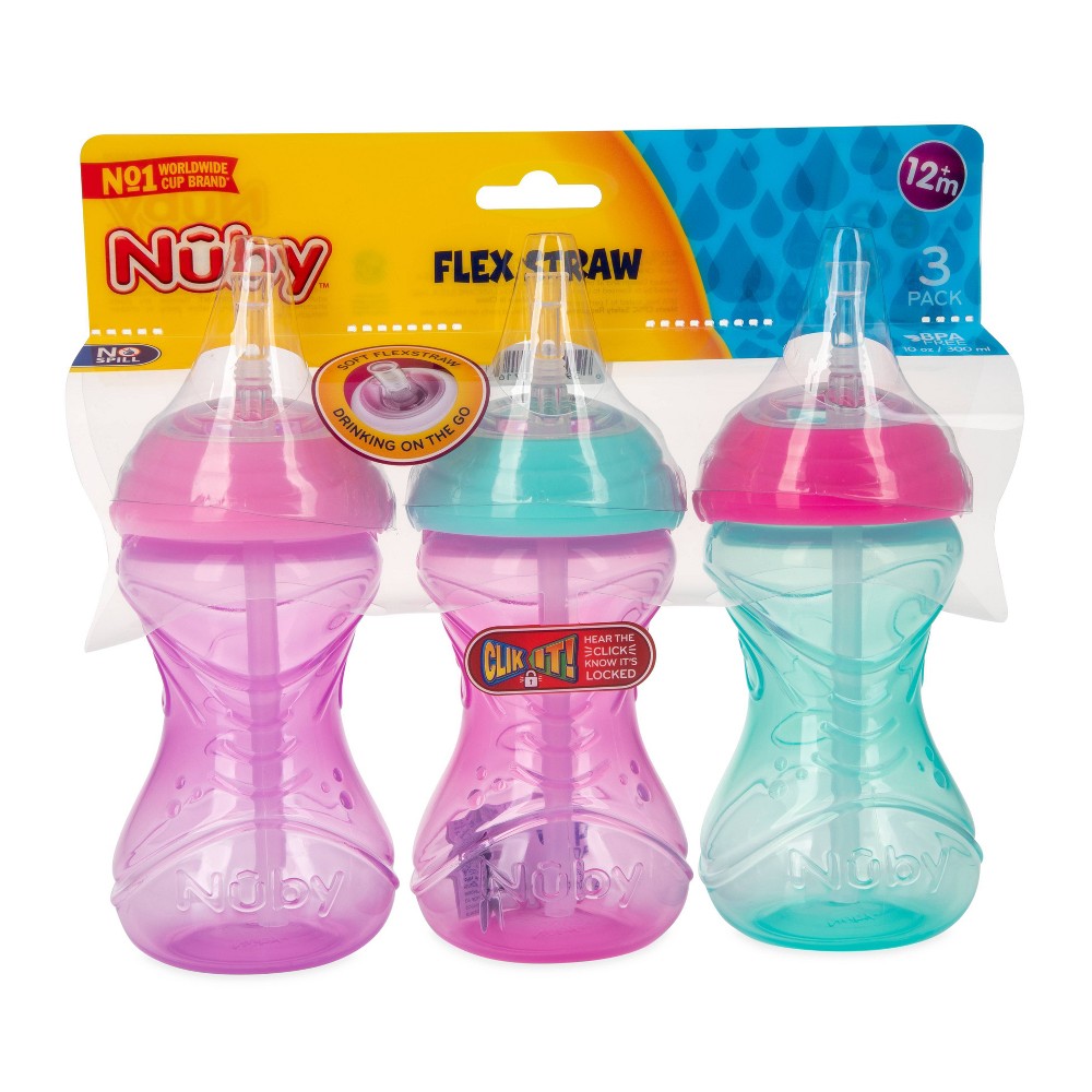 Photos - Baby Bottle / Sippy Cup Nuby 3pk Clik-It Flexi-Straw Cup - Purple/Pink/Aqua - 10oz 