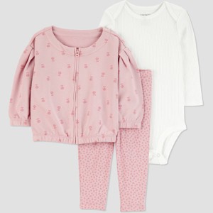Carter's Just One You® Baby Girls' 3pc Floral Zip-Up Sweatshirt with Bodysuit and Leggings Set - Pink - 1 of 4