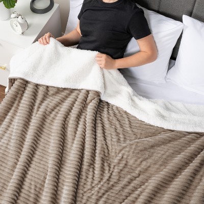 Taupe Twin Reversible Sherpa Fleece Blanket with Ribbed Design