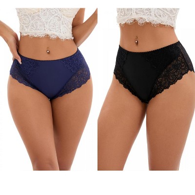 INSPIRE CHIC 2 Pcs Women's Wide Lace Trim Mid-Waisted Underwear Plus Size Full Coverage Comfortable Briefs