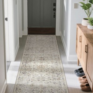Machine Washable Rug Vintage Floral Rug Distressed Oriental Rug with Non Slip Backing, Low Pile Thin Soft Carpet - 1 of 4