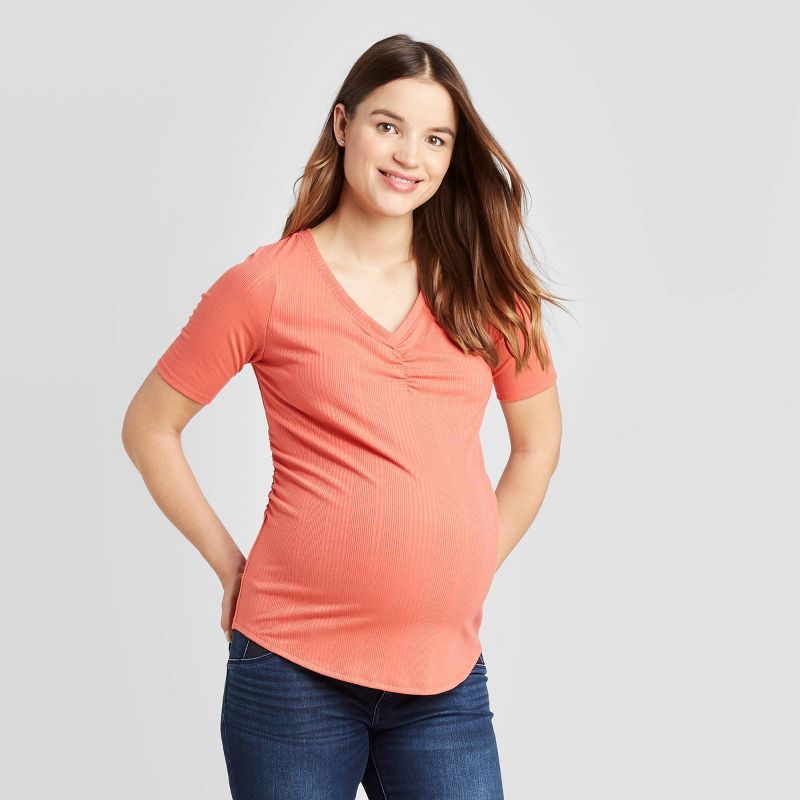 Maternity Elbow Sleeve V-Neck Textured Rib T-Shirt - Isabel Maternity by Ingrid & Isabel™ Red, 1 of 3