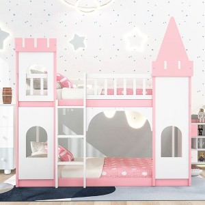 Okak Twin Over Twin Wood Castle Bunk Bed with Tower Ladder House Bunk Bed for Toddler Kids Teens Easy Assemble No Box Soring Needed, Pink - 1 of 4