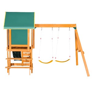 Ruvalino Playground Swings 3 in 1 Wooden Swing Set with Slide and Climber for Backyard Fun, Green, 131.1"*94.5"*96.4" - 1 of 4