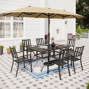 Captiva Designs 8pc Patio Slat-top Rectangle Steel Table & Metal Stackable Chairs & 13ft Large Umbrella - 1 of 4