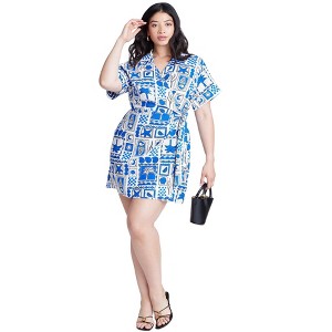 ELOQUII Women's Plus Size Printed Linen Mini Dress - 1 of 3