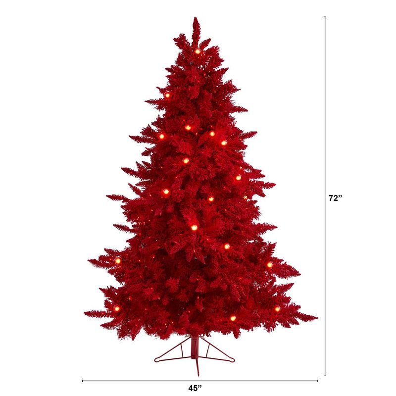 6ft Nearly Natural Pre-Lit Red Flocked Fraser Fir Artificial Christmas Tree Red Lights, 3 of 10