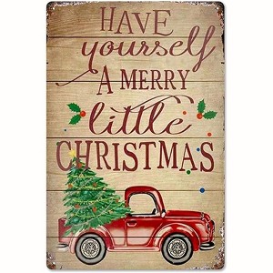 Lomsoe Merry Little Christmas Truck Christmas Decorations Rustic Aluminum Wall Art Christmas Metal Tin Sign Christmas Gift 8x12in - 1 of 1
