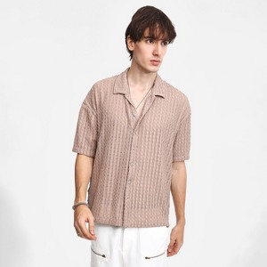 Campus Sutra Men Men's Peanut Brown Striped Knit Oversized Shirt - 1 of 4