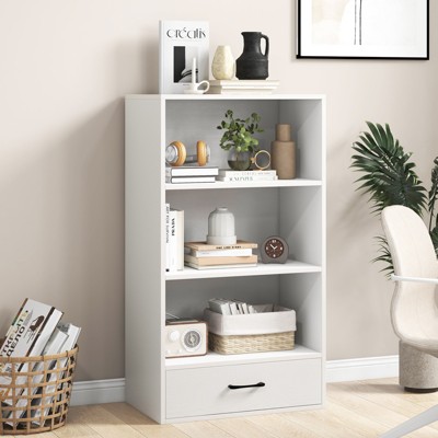 White 48" Modern Wood Bookcase with Drawer and Shelves