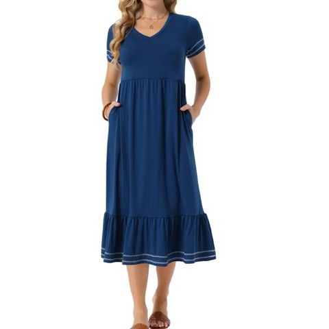 Женские платья INSPIRE CHIC Women's Summer V Neck Short Sleeve Contrast Trim A Line Midi Summer Dress with Pockets Blue Small