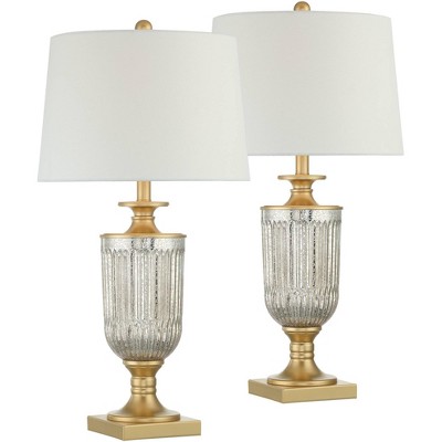 Regency Hill Mid Traditional Glam Style Table Lamps Set of 2 Pedestal Gold Ribbed Glass White Drum Shade Living Room Bedroom House