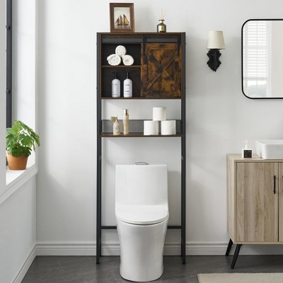 Rustic Brown Wood Over-the-Toilet Storage Cabinet with Sliding Door