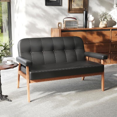 50“ Faux Leather Loveseat Sofa with Wood Arms, Mid-Century Modern Small Couch for Office, Living Room, Bedroom – Black