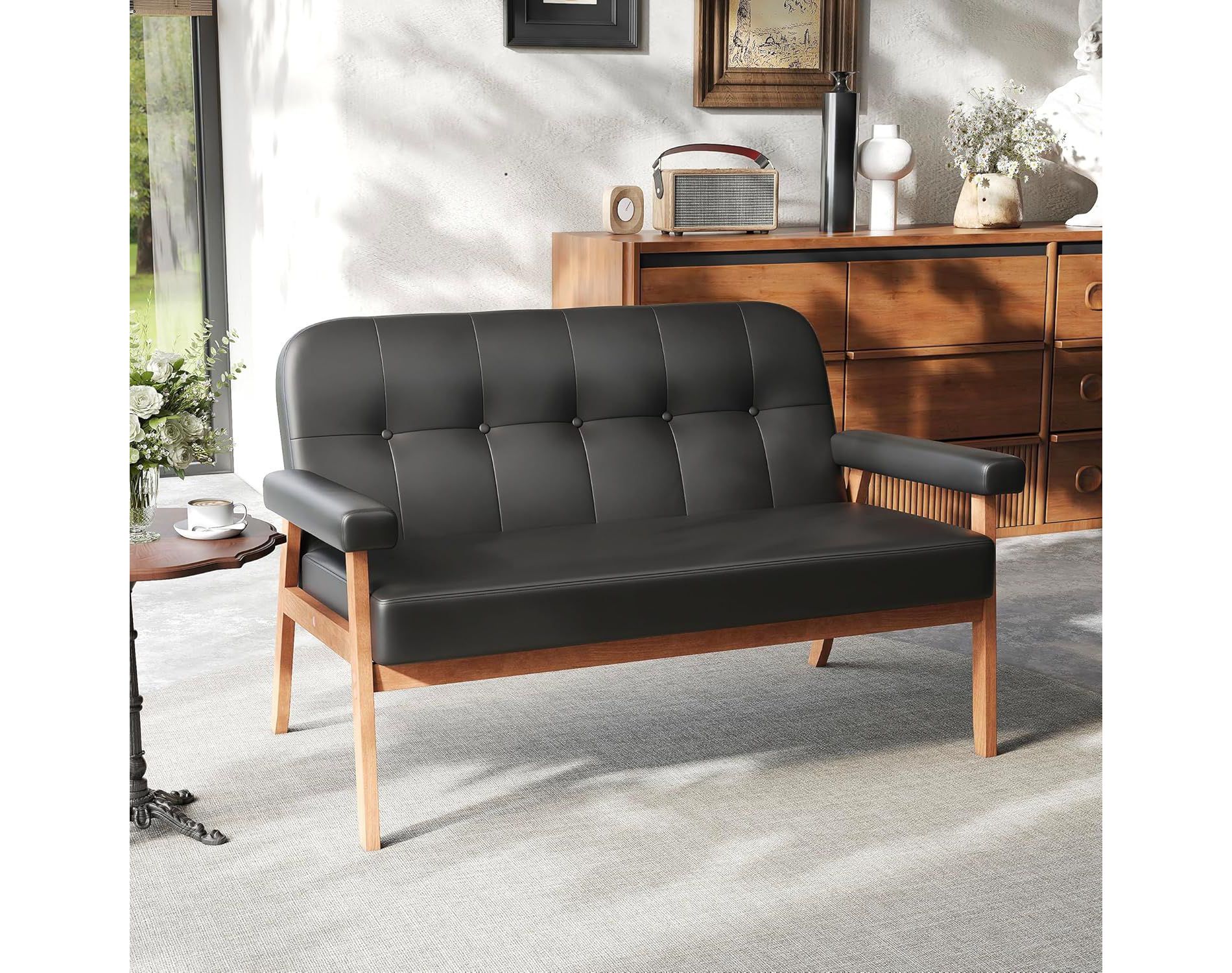 50“ Faux Leather Loveseat Sofa with Wood Arms, Mid-Century Modern Small Couch for Office, Living Room, Bedroom – Black