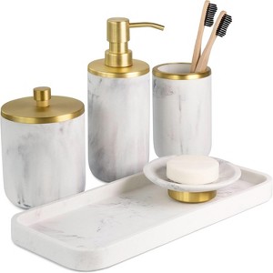 Attop Bathroom Soap Dispenser Set - Bathroom Toothbrush Holder Set, Marble, Gold, Farmhouse Bathroom Decor, 5 Piece Bathroom Accessories Set - 1 of 4