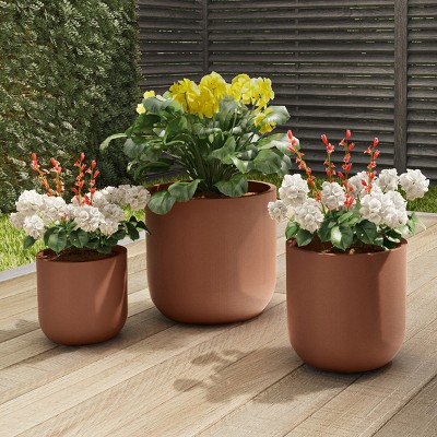 Fiber Clay Planters - 3-Piece Cylinder Pot Set with Drainage Holes for Potting and Replanting Flowers, Herbs, and Plants by Pure Garden (Brown)