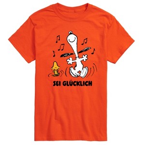Men's Peanuts Snoopy and Woodstock Be Happy German Short Sleeve Graphic T-Shirt - Orange - X-Large - 1 of 4