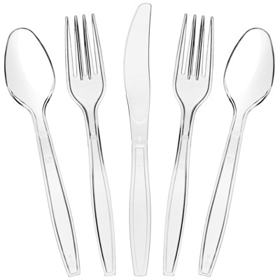 Image of Juvale 180 Count Clear Disposable Plastic Cutlery Flatware Set - Spoons, Forks & Knives for Party Supplies