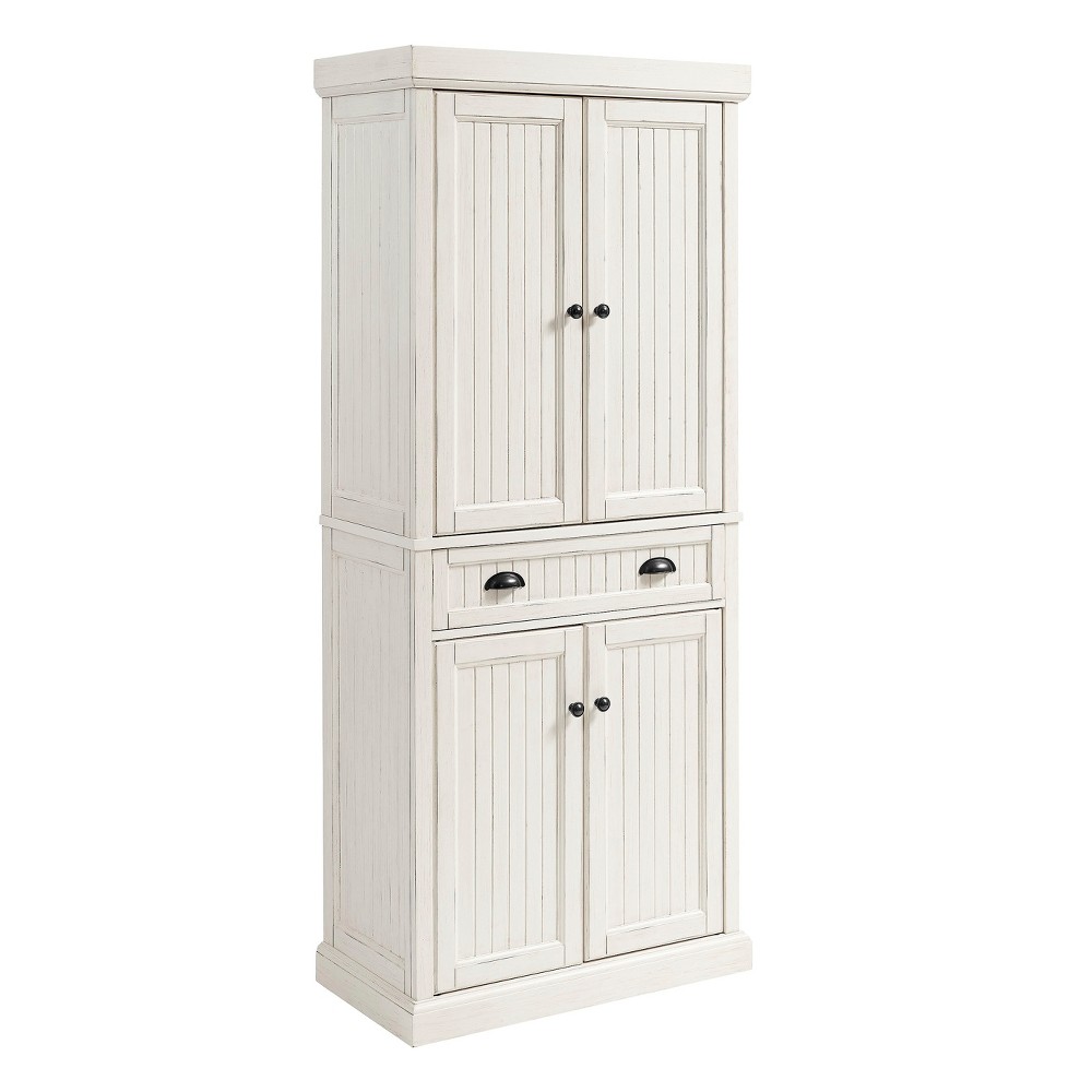 Seaside Pantry Distressed White - Crosley: Coastal Charm Organizer, Beadboard Paneling, 4 Doors, 6 Shelves