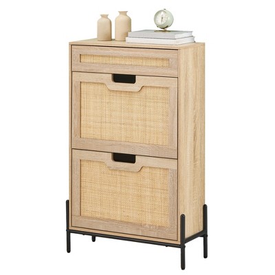 Shoe Storage Cabinet with 2 Flip Doors and Drawers, Natural Rattan Shoe Organizer with Metal Legs and Adjustable Shelf