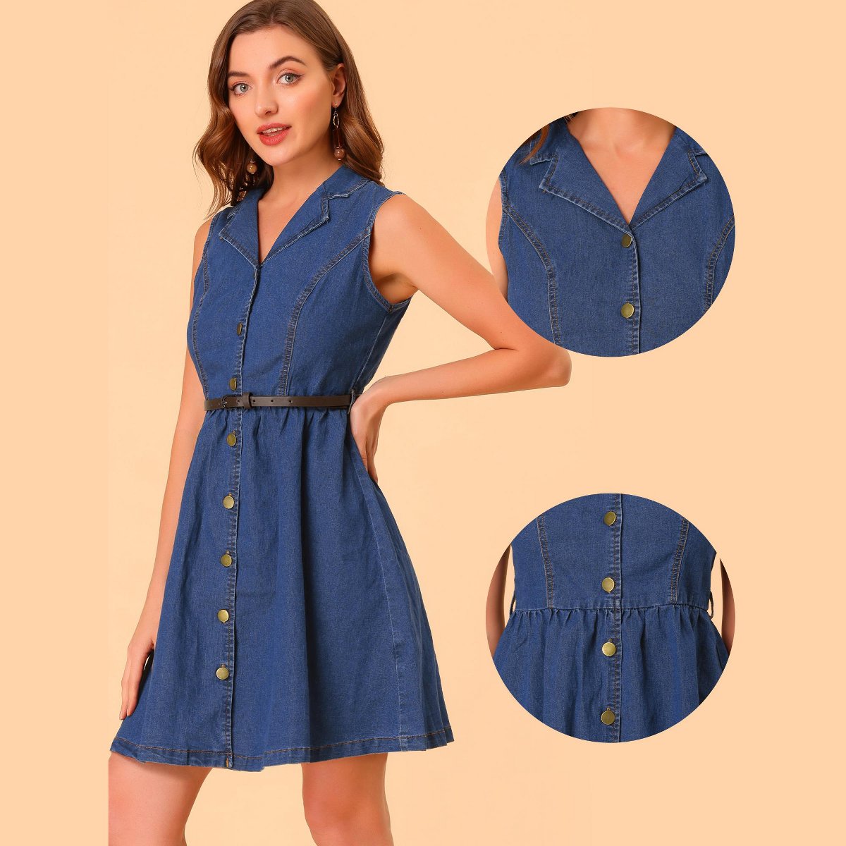 Женские платья INSPIRE CHIC Women's Sleeveless Notched Lapel Denim Dress Blue X-Small — фото 2