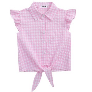 Girls Sleeveless Plaid Button Down Shirt Summer Crop Tops Tie Knot Ruffle Sleeve Shirt Blouse 3-12Y - 1 of 4