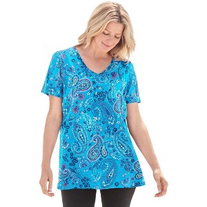 Woman Within Plus Size Perfect Printed Short-Sleeve V-Neck Tee - 1 of 4