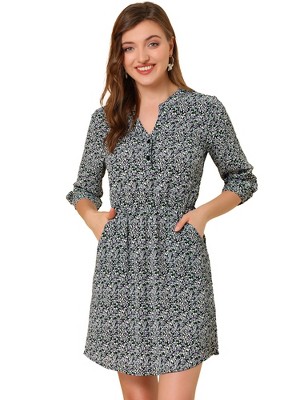 Allegra K Women's Button Front Floral Print Split Neck 3/4 Sleeves Mini Dresses