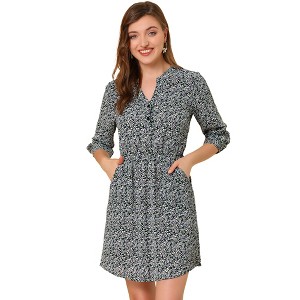 Allegra K Women's Button Front Floral Print Split Neck 3/4 Sleeves Mini Dresses - 1 of 4