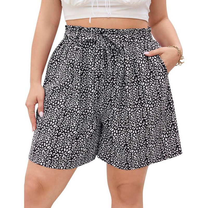 Women's Plus Size Comfy Summer Shorts with Pockets Elastic Waist Dressy Shorts  Wide Leg Lounge Shorts Floral Black XL, 1 of 7