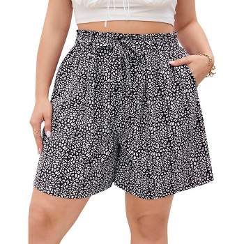 Women's Plus Size Comfy Summer Shorts with Pockets Elastic Waist Dressy Shorts  Wide Leg Lounge Shorts Floral Black 3XL