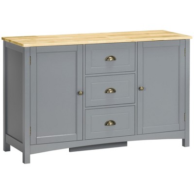 HOMCOM Buffet Cabinet with 3 Storage Drawers and Adjustable Shelves, 2 Door Sideboard with Rubber Wood Top, Coffee Bar for Living Room
