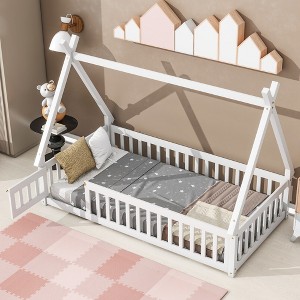 Full/Twin Size Floor Bed, Wooden Tent-shaped Platform Bed Frame with Guardrails, Slats and Door -Frevyn - 1 of 4