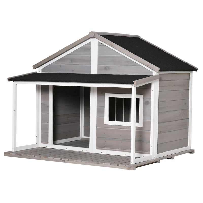 PawHut Outdoor Dog House Cabin Style, Wooden Raised Pet Kennel with Asphalt Roof, Front Door, Side Window, Porch for Medium/Large Dogs, Loading 53 Lbs, 4 of 7