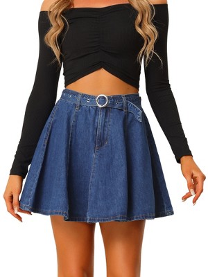 INSPIRE CHIC Women's Vintage Summer High Waist with Belt A-Line Mini Jean Skirts