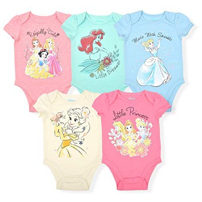 Disney Baby Girl's Princesses Snow White, Cinderella, Belle, Ariel, Aurora 5 Piece Graphic Printed Bodysuit Creeper for infant