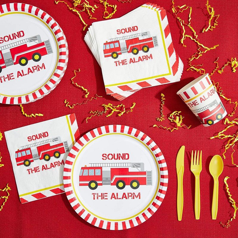 Blue Panda 144 Pieces Disposable Dinnerware Set with Plates, Napkins, Cups, Cutlery for Fireman Themed Party Supplies (Serves 24), 2 of 8