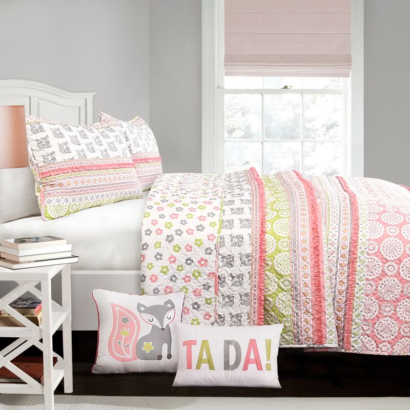 Fox Ruffle Striped Quilt Set with Fox Throw Pillow Pink/Gray - Lush Décor, 3 of 12