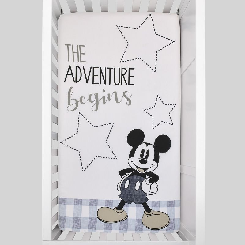 Disney Mickey Mouse - Call Me Mickey White and Blue The Adventure Begins Stars and Gingham 100% Cotton Photo Op Nursery Fitted Crib Sheet, 2 of 7