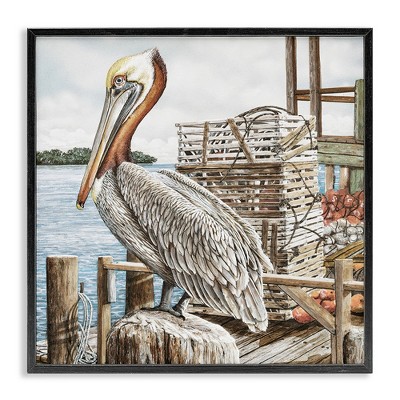 Stupell Industries Pelican Perched on Fishing Dock Black Framed Giclee Art
