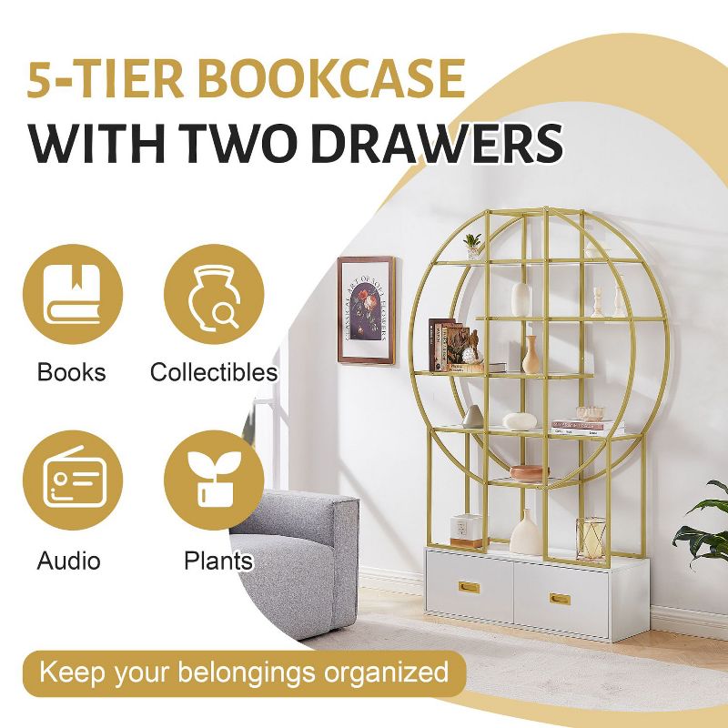 70.8 Inch Round Office Bookcase Bookshelf Retro style Display Shelf, Two Drawers with Round Top for Living Room and Bedroom-The Pop Home, 4 of 11