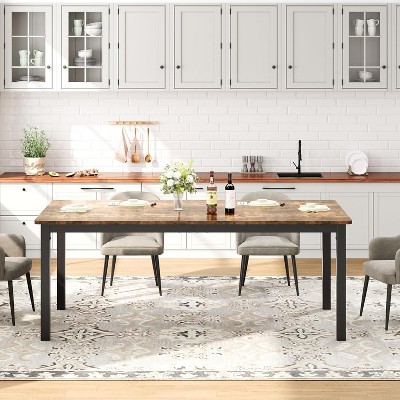70.8in Industrial Dining Table for 6, Wooden Long Dinner Table with Mortise Tenon Design, Kitchen Table with Sturdy Metal Legs Retro Brown