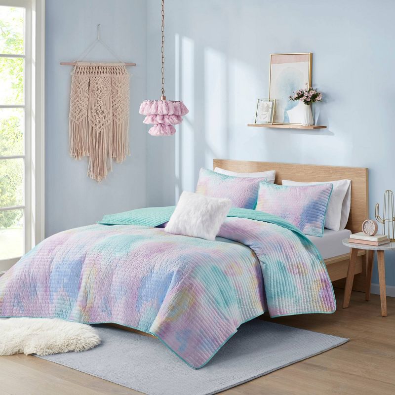 Lisa Watercolor Tie Dye Printed Quilt Set with Throw Pillow Aqua - Intelligent Design, 1 of 10