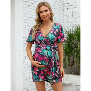 Summer Maternity Jumpsuit Women's  Short Sleeve Romper,Casual Jumpsuit High Waist Nursing Romper with Belt - 1 of 4