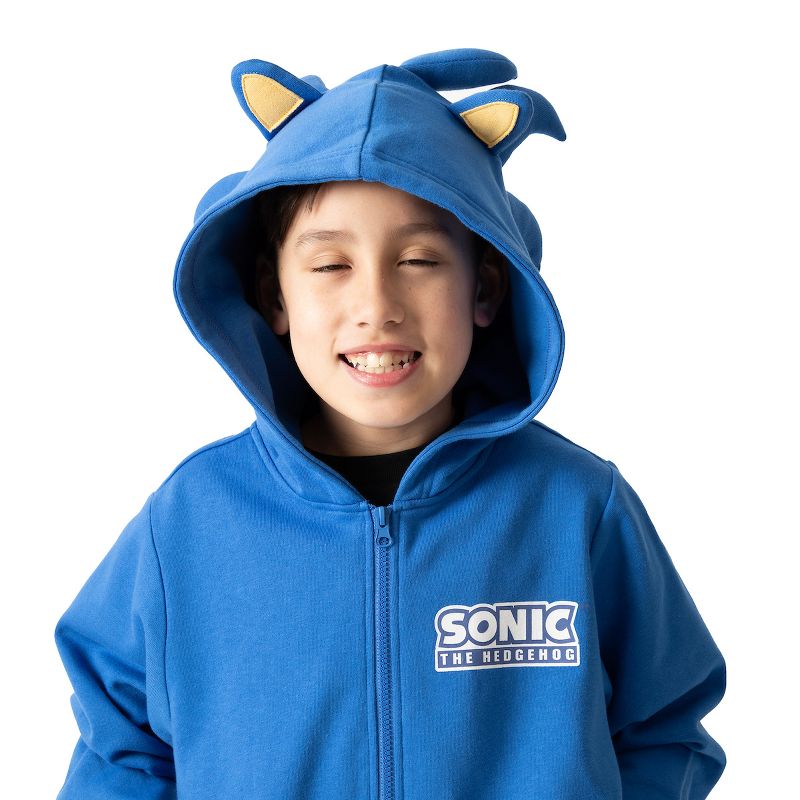 Sonic The Hedgehog Cosplay With Foam Ears Long Sleeve Blue Boy's Zip Up Hooded Sweatshirt, 2 of 6